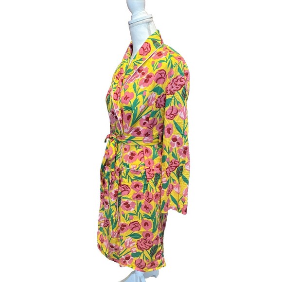 Ban. do Pajama Set Floral Small Robe Pants Honey Las Flores Yellow Green Pink - Picture 3 of 11